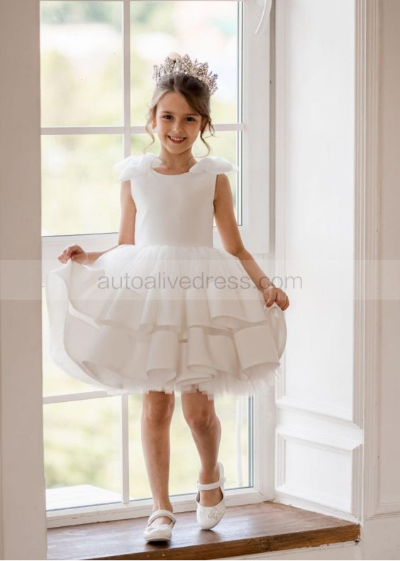 Ivory Satin Tulle Tiered Flower Girl Dress